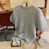 Fongt Chic Spring And Summer Little Bow Bow Short-Sleeved Collar Knitted Jersey Girl Spring Sweet Soft Foam Bubble Sleeve Top