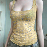 Square Collar Hot Girl Pure Desire Green Net Broken Flower Folded Through Sling Vest Perspective Dense Edge Sweet Spicy Wind Blouse-Outfit