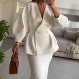 Fongt Women's Fashion Fashion Solid Color Button Bubble Sleeve Skirt Dress Set In Autumn 2025
