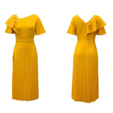 Fongt Women's Clothing 2025 Summer New Temperament To Close The Waist Thin Lotus Leaf Side Short-Sleeved Pressure Skirt Dress