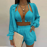 Fongt New Sexy Women's Pure Color Shorts Fashion Three-Piece Set