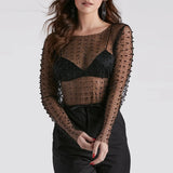 Fongt New Explosion Super Fairy Sexy Lace Jersey Bright Diamond Inside And Outside Wearing Mesh Long-Sleeved Top