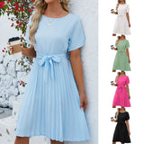 Summer New Round Collar Short Sleeve Tie Pleated Skirt Casual Dress-Outfit