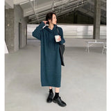 Hooded Knitted Dress Women Solid Oversized Midi Dresses Winter Korean Elegant Thicken Loose Casual All Match Vestidos-Outfit