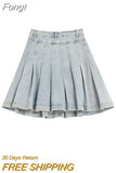 Waist Denim Mini Skirt Women Korean Vintage New Fashion Slimming Versatile Denim Button Lotus Leaf Pleated Skirts