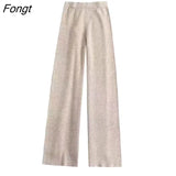 Autumn/Winter Women Pants Warm High Waist Loose Knitted Wide Leg Pants Baggy Side Slit Casual Pants