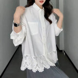 Fongt Design Lace Spliced White Shirt Women's Spring And Autumn And Winter Fat Mm Loose Thin Inside Stacked Clothes