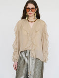 Fongt High-End Design Pure Color Temperament Chiffon Lotus Side Zipper Top With Comfortable Loose Long-Sleeved Shirt