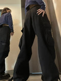 Harajuku Streetwear Black Cargo Pants Women Hip Hop Techwear Oversized Pockets Red Wide Leg Trousers High Street