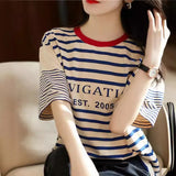 Fongt Version Of Loose Good-Looking Youth-Down Navy Blouse Woman! Letters Printed Short-Sleeved Cotton Striped T-Shirt