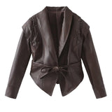 Fongt Early Spring New Women's Retro Coffee Brown Leather Coat Women