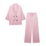Fongt Women's Spring And Summer New Loose Wrinkle Effect Double Buckle Blazer Casual Trousers Set