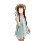Fongt / Single-Piece Lace Mesh Spliced Bow French Top + Tight Waist White Short Skirt Set Woman