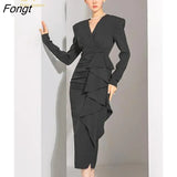 Han Queen New V-Neck Ruffles Vintage Vestidos Simple Chic Work Wear Bodycon Dress Women Office Casual Sheath Pencil