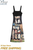Women's Summer Black Dress Vintage Elegant Strap Graphic Print Off Shoulder Dress Party Club A-line Kawaii Square Collar