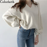 New 2021 Autumn Winter Women's Sweaters Pullover V-Neck Oversize Elegant Minimalist Korean Knitted Lady Jumper
