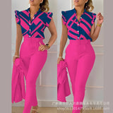 Series) 2023 Women's Red Print Shirt Pantsuit-With A Belt-Outfit