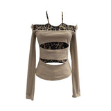 Fongt Shooting With Hanging Neck Leopard Print Splicing Two Long-Sleeved Tops A Short Shoulder Bottom T-Shirt 28787