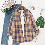 New Women Vintage Oversize Flannel Plaid Shirt With Pockets Full Sleeve Turn Down Collar Blouse Casual Basic Tops