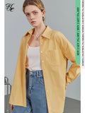 Polo Collar Full Drop Sleeve Casual Loose Straight Shirts Office Lady Pocket Design Cotton Solid Spring