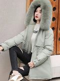 Hooded Jacket Woman Warm Fur Lining Cotton Padded Parka Female Drawstring Basic Coat Windproof Women Jacket