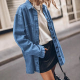 Fongt Women's Retro Long-Sleeved Denim Jacket Blue Big Pocket Casual Shirt Lady
