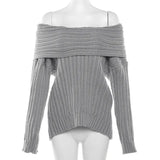 new autumn fashion temperament sexy one-line collar long-sleeved backless loose slim knitted top club clothing Vestidos-Outfit