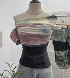 Fongt Shooting Can Wear Two-Wear Art Dizzy Net Yarn Spliced A Word Shoulder T-Shirt To Repair The Chest Short Babes Top 1131