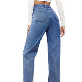 Fongt Burst Elastic Water Wash Denim Fashion Straight Trousers Trousers Trousers Trousers Women