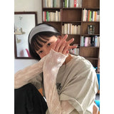 Korea Dongmen Bow Knot Gauze Bottomed Blouse Round Collar Jacquard Lace Long-Sleeved T-Shirt Micro-Transparent Sunscreen Blouse-Outfit