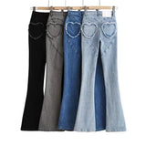 Trendy Women's Wear Peach Love Pocket Jeans Fashionable Solid Color Slim Hips Show Thin Flared Pants-Outfit