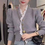 Year's Red French Chic V-Necked Lace Long-Sleeved Sweater Women's Autumn And Winter New Short Knitted Cardigan-Outfit