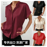 Women's Dress Solid Color Satin Short-Sleeved Shirt With Shoulder Collar Short-Sleeved Shirt Satin Shirt-Outfit