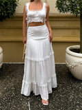 Retro Women Summer 2pcs Outfits Lace Trim Sleeveless Square Neck Tank Crop Tops with Long Skirts Sets Party Beachwear-Outfit