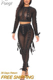 Perspective Mesh Tulle Round Neck Two-Piece Set Women'S Sexy Tight Long Sleeve Top + Split Pants With 2-Piece Club