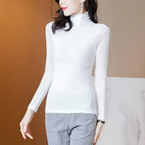 Solid Mesh T-Shirts Tees Female Full Sleeve Turtleneck Slim Tshirt Base Simple Tops For Women Spring Fall-Outfit
