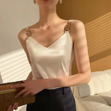 Top V-neck Solid Fashion Sleeveless Top Women Temperament Elegant Office Lady Backless Top Silk Spaghetti Camis Summer