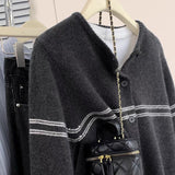Fongt Striped Wool Knitted Cardigan Women's Autumn Coat 2025 New Spliced Sweater Jacket Bottom Shirt Tide
