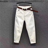 2023 Basic Women's Casual Jeans Pants Solid High Waist Harem Pants Female White Black Slight Strech Denim Pant Woman