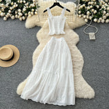 Fongt Fairy Vacation Wearing Women's Summer Dress Pure Desire Elastic Sling Sling Vest Hollow Embroidered High-Rise Half-Schamin Dress Suit