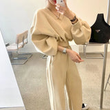 Womens Sportswear Suits Cotton Autumn Korean Loose Lantern Sleeve Pullover Casual Straight Leg Pants Two Piece Sets Sports