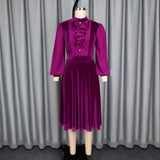 Fongt Style Purple Velvet Party Party Temperament Dress Wooden Ear Splicing Long Sleeves To Close The Waist A Dress Dress