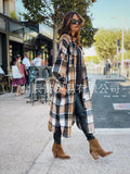 INS Autumn And Winter Long Windbreaker Side Slit Lapel Slim Women's Wool Plaid Coat-Outfit