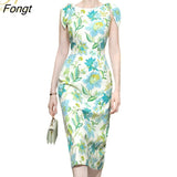 Han Queen Elegant Fashion Print Slim Office Pencil Dress Women's Korean Sheath Pencil Dresses Mid-Calf Party Bodycon