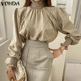 Elegant Turtleneck Blouse Casual Long Flare Sleeve Solid Color Tops 2022 VONDA Female Bohemian Blusas