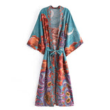 Bohemian Women Blue Space Moon Flower Print Kimono Shirt BOHO Beach Tide Bow Sashes Maxi Long Cardigan Blouse Holiday