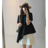 Fongt Folding Top Short Top Design Women's Niche Summer Asymmetrical Loose Large-Size Round Collar T Shirt Short Sleeve