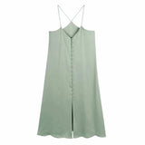 Women Single Breasted Satin Suspender Midi Dress Female Sleeveless Clothes Casual Lady Loose Vestido