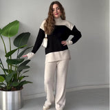 Fongt Autumn New Fashion Splicing Color Blouse Loose Wide Leg Trousers Set Women