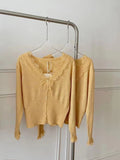 Sweet Soft Wool Cardigan Slim Women Patched Lace V Neck Full Sleeve Solid Color Autumn Spring Sweater Shirts-Outfit